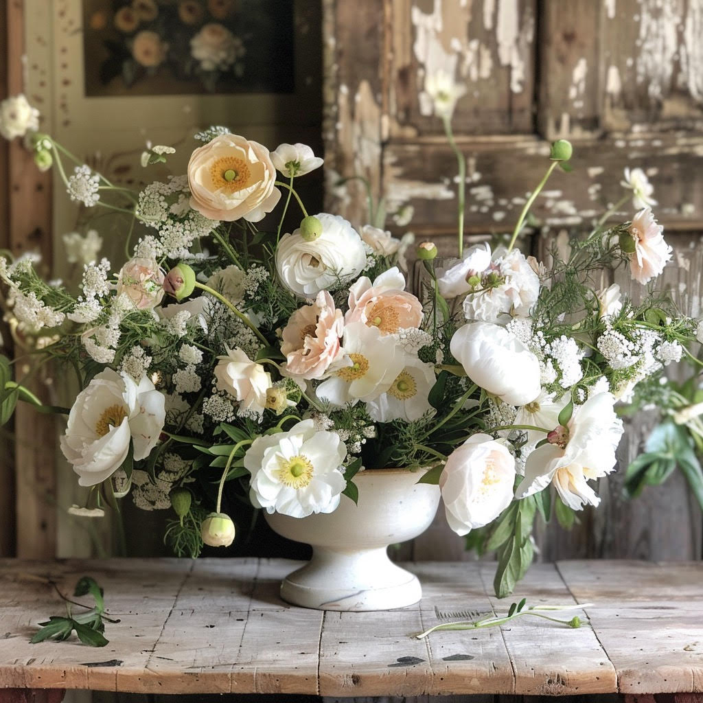 A large, white, farmhouse inspired arrangement of peonies, poppies, baby's breath, and greenery. 